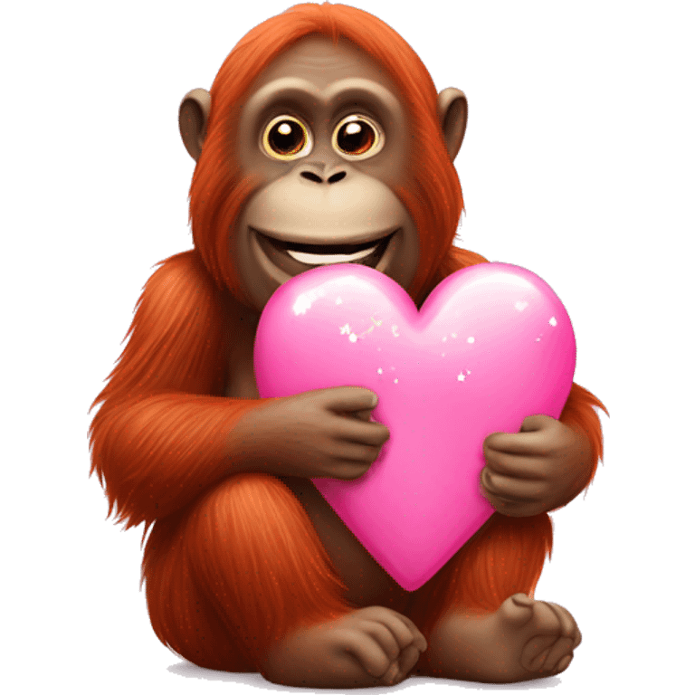 Orangutan sitting down holding a pink sparkly heart while smiling￼ emoji