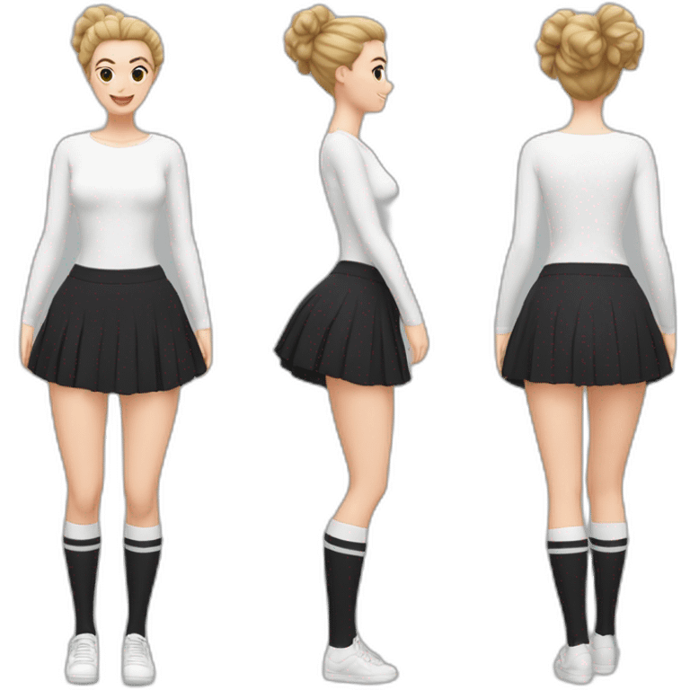 full-body-caucasian-curvy-beauty-jumping-short-black-skirt-back-and-front-views-strong-wind-white-knickers-long-white-socks emoji