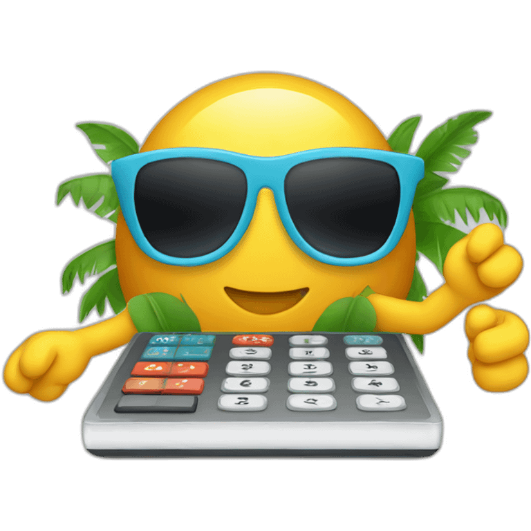 a calculator with legs and arms wearing a hawaiian shirt and sunglasses emoji