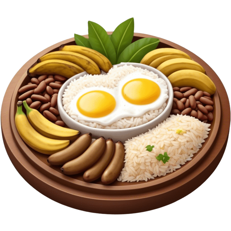 Cinematic Realistic Bandeja Paisa Dish Emoji, depicted as a hearty platter featuring beans, rice, meat, and plantains rendered with detailed textures and vibrant, robust lighting. emoji