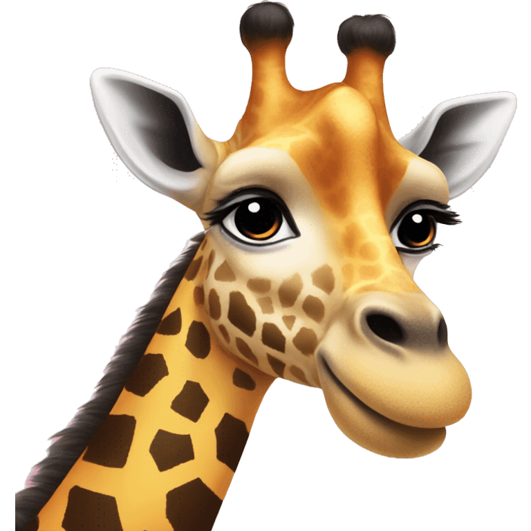 Giraffe with a pink bow on the left ear and a black  bow on the right ear with yellow and orange sparkly eyes emoji