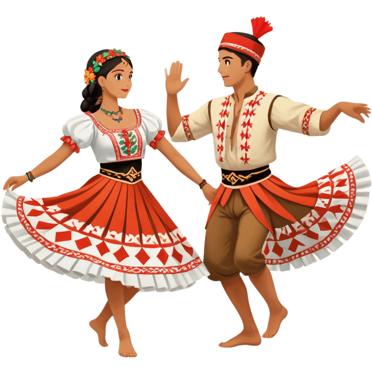 Cinematic Realistic scene of two performers engaging in the Croatian Linđo folk dance, adorned in vibrant traditional costumes with intricate patterns and accessories, captured in graceful, synchronized motion under festive natural lighting. emoji