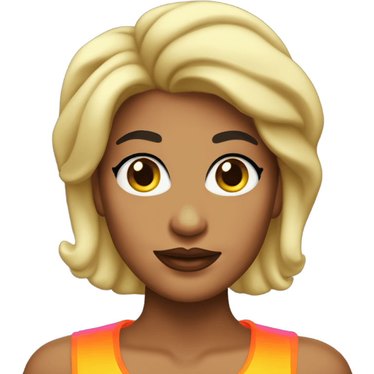 Tanned woman with black hair dressed in 1980s hair, makeup, and neon attire  emoji