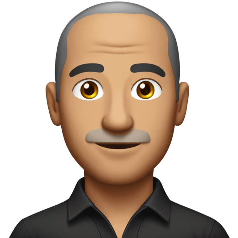 A middle-aged Italian man with olive-toned skin with buzz cut hair and no facial hair. He is wearing a sleek black smart shirt, casually unbuttoned at the top. emoji