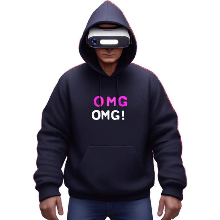 Vladimir Putin wearing a black hoodie with "OMG" letters on it and VR headset oculus quest 2 in a cyberpunk VR environment with violet neon lighting. emoji