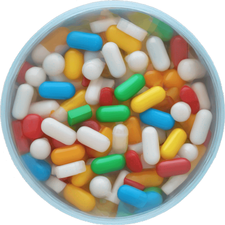 Small translucent circular plastic container with colorful pills inside emoji