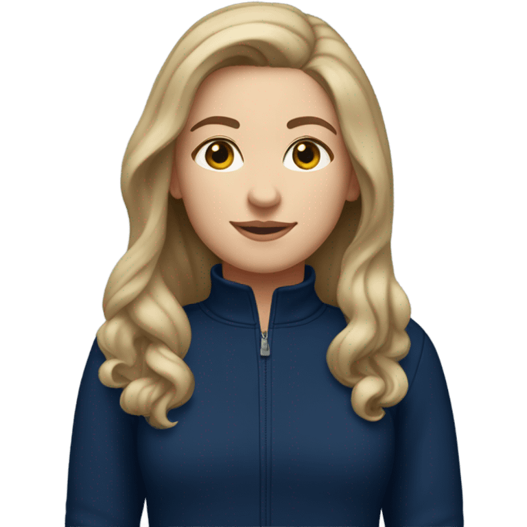 a white girl with dark blonde hair wearing a navy blue 3/4 zip sweatshirt emoji