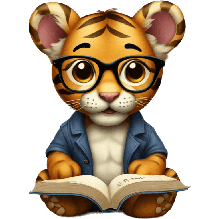 Baby tiger with glassess and reading book emoji