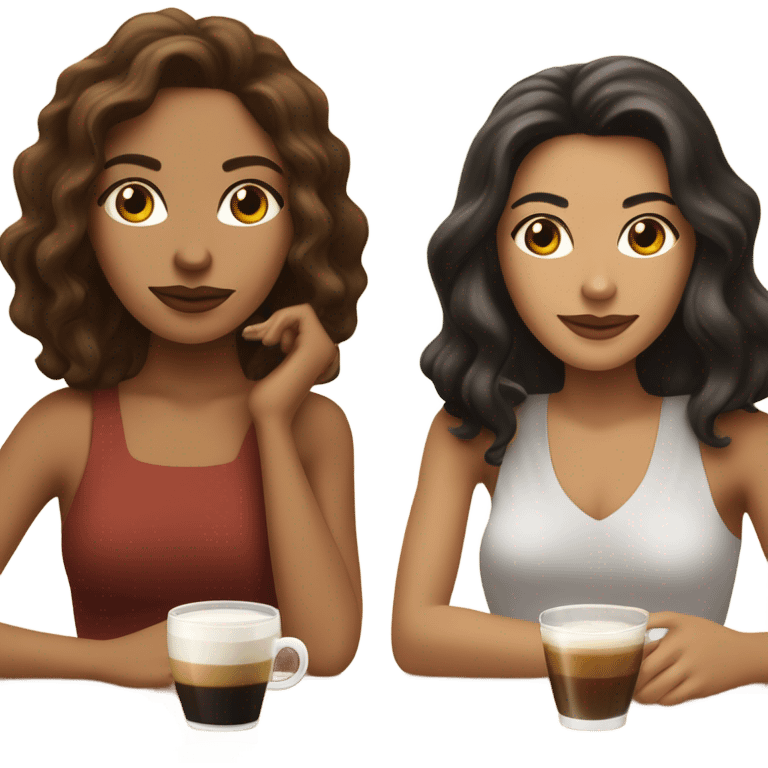 puerto rican woman light skin with shoulder-length, wavy, brown hair drinking latte with Roman woman with black, straight hair drinking espresso at table emoji