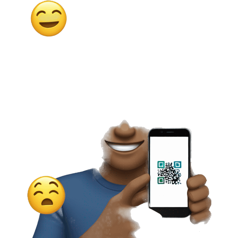 cheerful young man holding out a smartphone with a visible QR code on the screen emoji