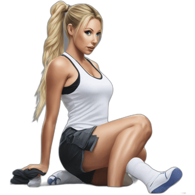 Hyper-realistic painting samantha saint pony tail kneeling in socks emoji