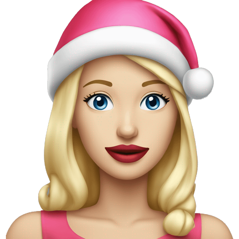 Beautiful blonde blue eyed woman, pink lips, wearing red santa hat emoji