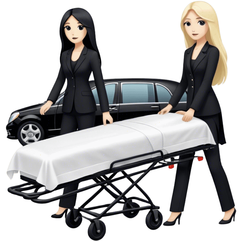 Two woman with long hair. One has black hair and one is blond. They have black pants suits on. And they are pushing a funeral stretcher in to a black Mercedes Vito funeral car. On the stretcher is a body covered in white sheets emoji