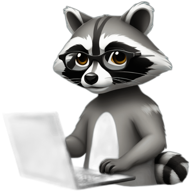 racoon wearing glasses and white tee working on a black laptop emoji