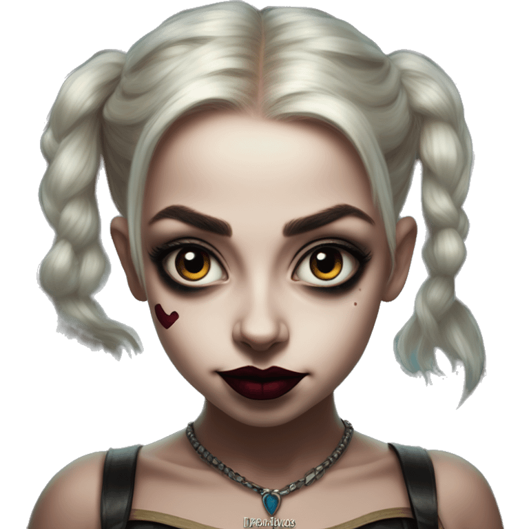 Halfling Jasmine in Harley Quinn style, oil paint, mysterious eyes, intricate lips, masterpiece portrait, odd perspective, beautiful, desirable, logical emoji