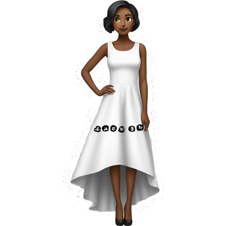 White high low dress with black words on the bottom of the dress  emoji