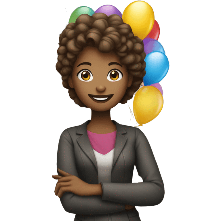 Decoradora de eventos (chica joven pelo castaño y piel clara), trabajando con globos  emoji