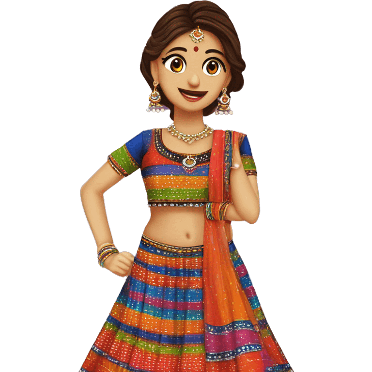 Colorful chaniya choli gujarati folk dress by itself, has stripes of various patterns and bold colors like bandej, bandhani, ketch and patch work with mirror embroidery emoji