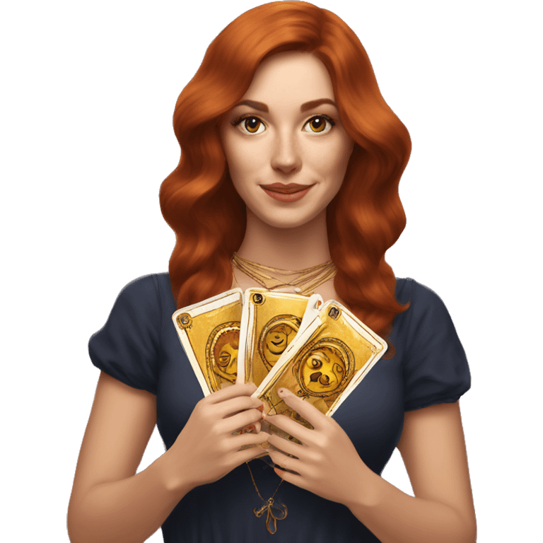 auburn hair beautiful girl with tarot gold cards emoji