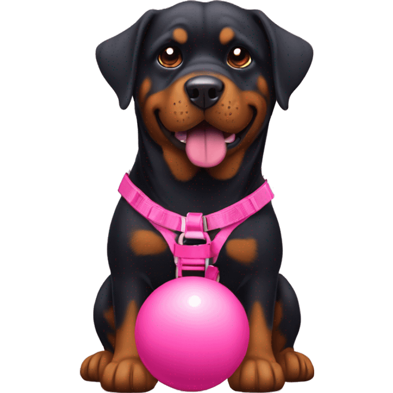 A pretty Rottweiler female with a red harness and a pink rubber ball. emoji