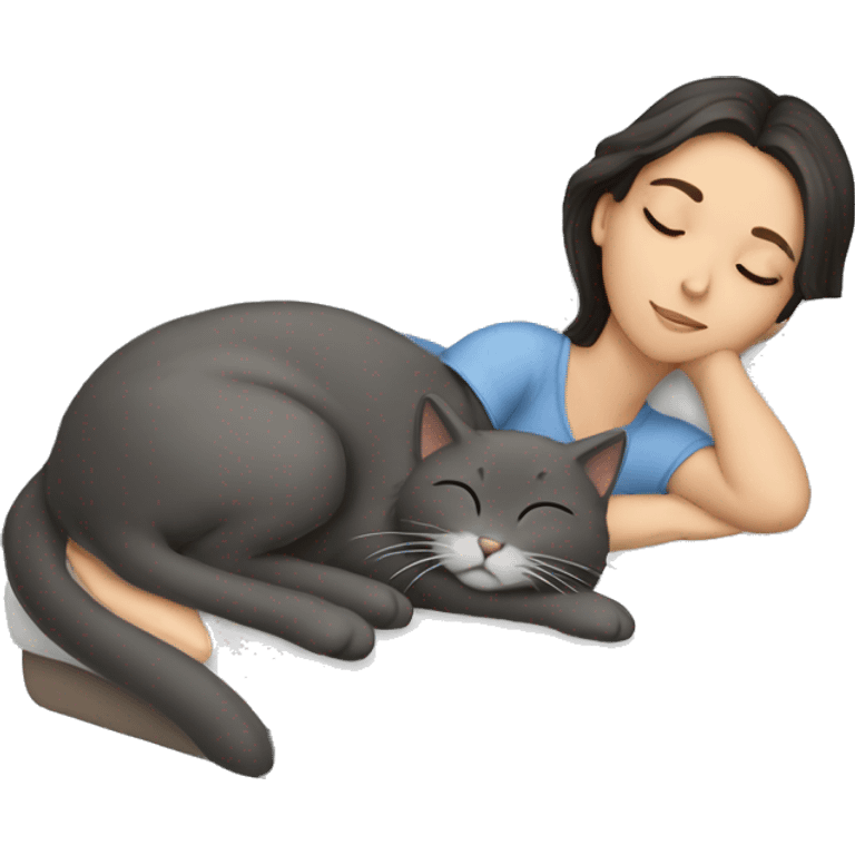 Brunette girl  sleeping with grey cat  emoji