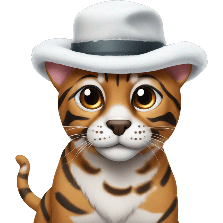 Bengal wearing a hat with white patch of fur by his nose and he’s in the snow emoji