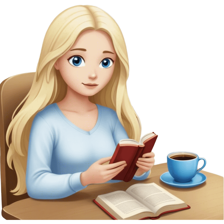 Cinematic realistic blonde with long hair and blue eyes, sitting reading a book, coffee is on the table next to her emoji