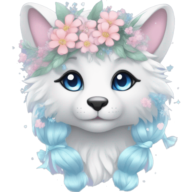 Anthro Cute Cool Pastel Kawaii gorgeous sparkly ethereal fantasy animal creature with blue eyes furry sona with flowers and ribbons beautiful aesthetic emoji