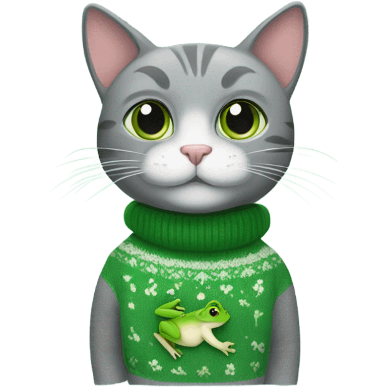 grey cat with green frog sweater emoji