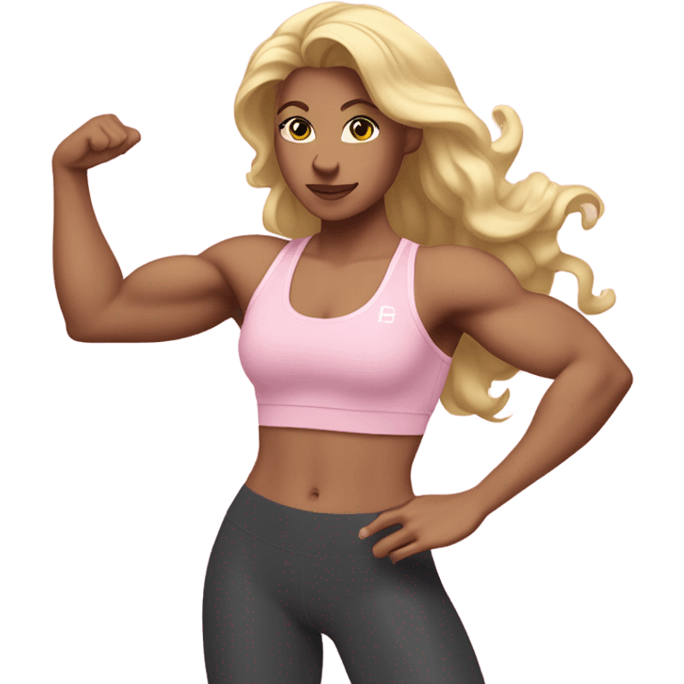 White woman, long hair, blonde hair, wavy hair, baby pink sports bra, baby pink leggings, flexing right arm emoji