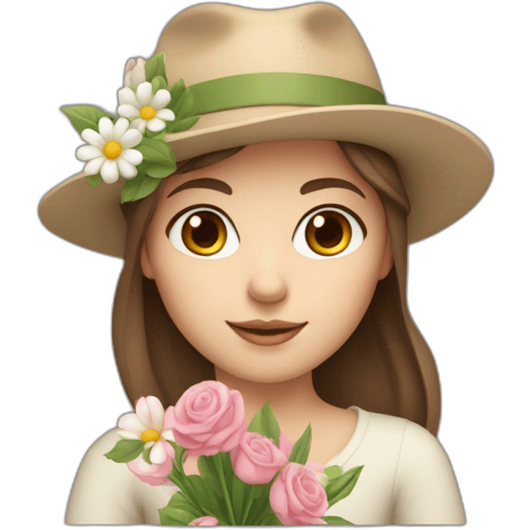 white skin, Girl with a hat, brown hair straight to the shoulders, holding a bouquet of flowers emoji