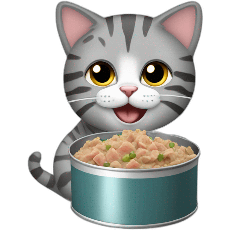 A gray stripped tabby cat eating can of tuna emoji