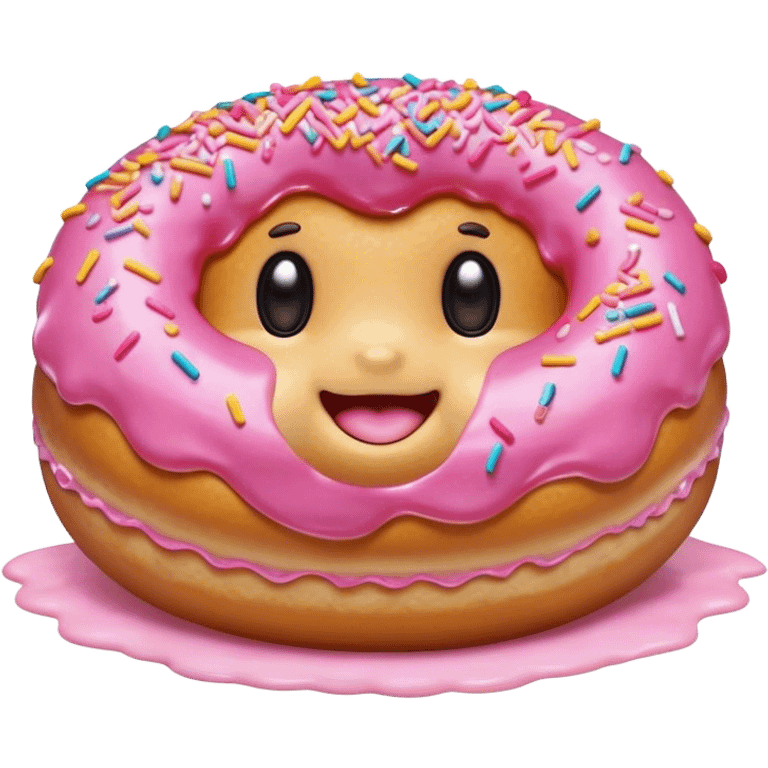 Cinematic tiny happy donut, round and fluffy, golden brown with pink icing and sprinkles, tiny adorable face with blushing cheeks, warm glowing background. emoji