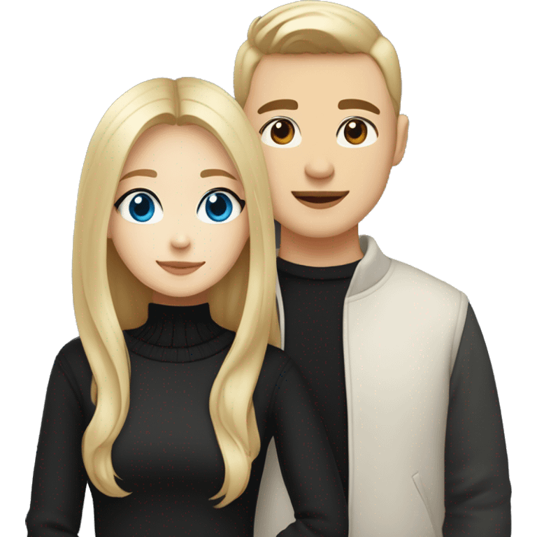 dark Blonde girl with blue eyes in black sweater and an east asian with light skin man with black hair and black eyes hugging emoji