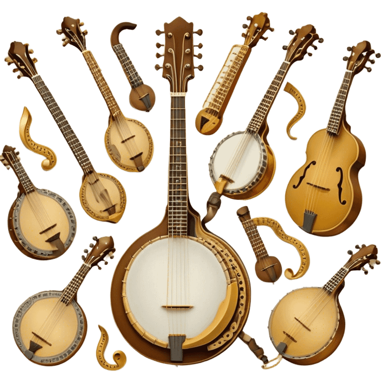 Create a grand, heraldic-style emoji collage representing plucked string instruments. The design should resemble a majestic emblem, featuring a collection of iconic instruments such as a banjo, mandolin, domra, sitar, and other plucked string instruments. Arrange the instruments symmetrically, with their necks and strings intertwining gracefully like a coat of arms. A flowing ribbon of musical notes should elegantly weave through the instruments, creating a sense of harmony and movement. The emblem should have a luxurious, golden and bronze color palette with intricate decorative elements, adding depth and a professional touch. Subtle lighting effects should highlight the polished wood and metal strings of the instruments. The background should be transparent, making the design adaptable for various uses emoji