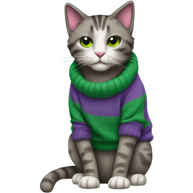 A homeless cat with a purple sweater and green socks emoji