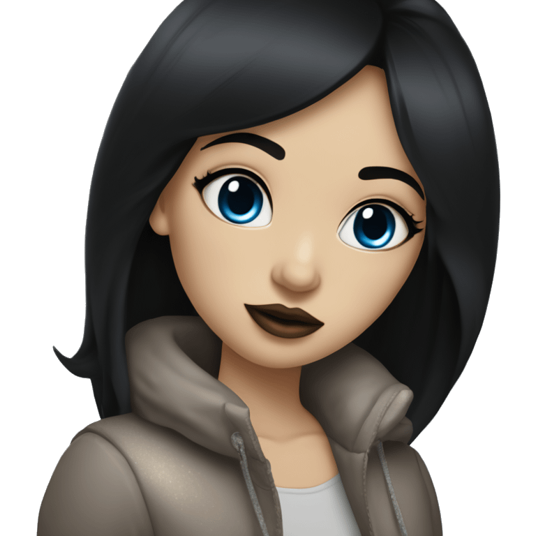 a girl with straight black hair below her shoulders with blue eyes that are lined with black pencil, with plump lips painted with glitter in a shade of cappuccino emoji