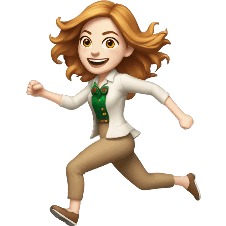 Emma Stone running, with a large stride and arms outstretched, with long golden brown hair, wearing an Christmas outfit emoji