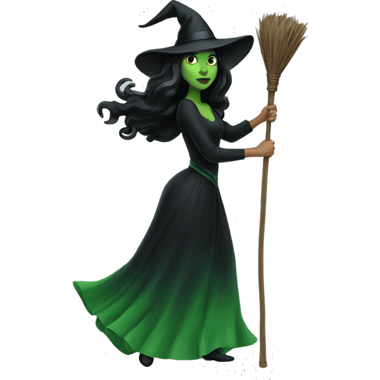 Beautiful Green witch with black hair and black dress dark on a flying broom stick  emoji