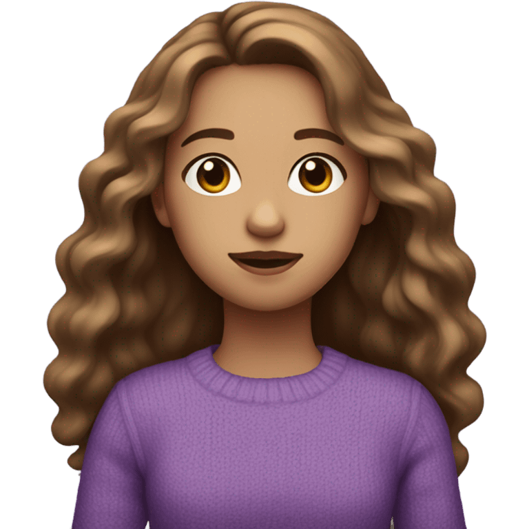 Girl with long brown wavy hair and white skin and wearing a Purple sweater  emoji