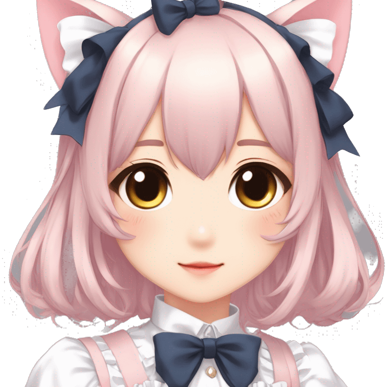 Gorgeous anime style catgirl with blushing face with maid outfit bow tie idol model kawaiicore pearly petite simplistic aesthetic trending style emoji