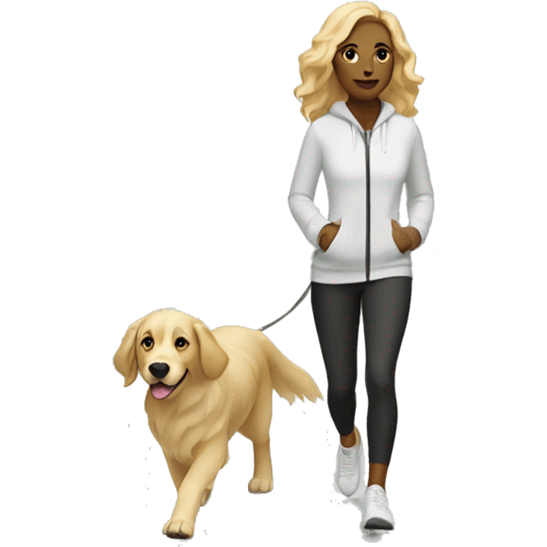 Woman wearing athleisure walking white golden retriever emoji