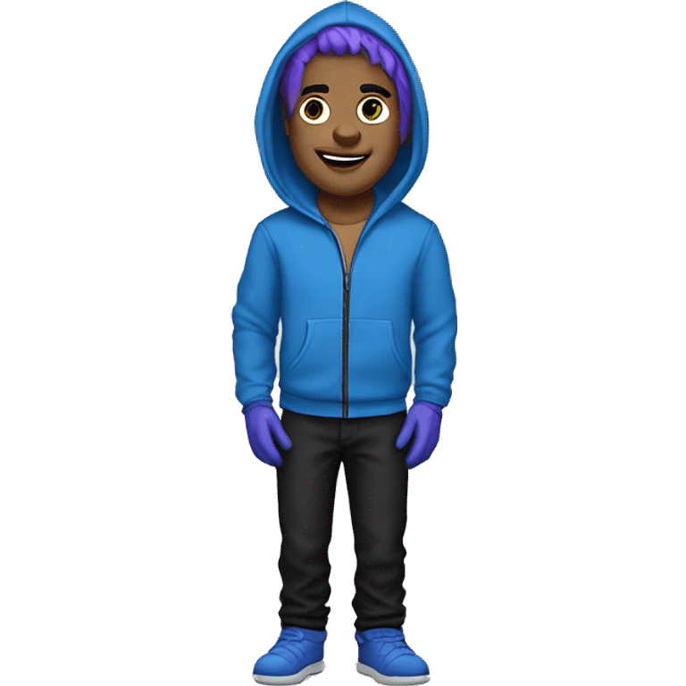 a man with blue hair, purple zipper hoodie, amarican, black pants, blue bike gloves, emoji