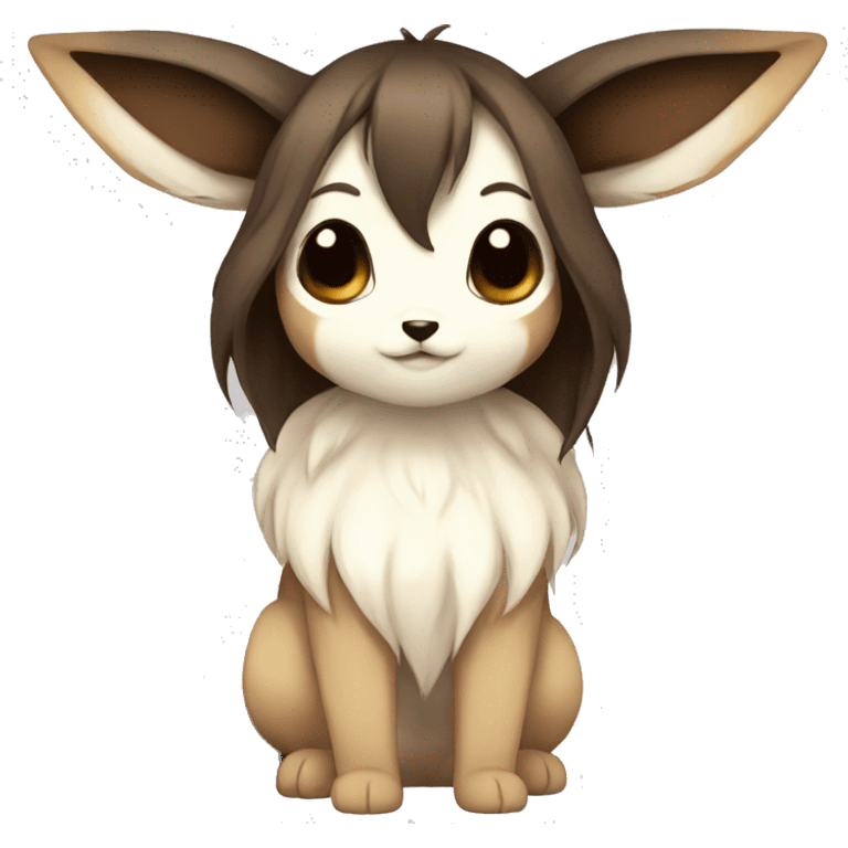 Kawaii Pale Shiny Eevee with dark brown long emo hair covering her eyes Full Body emoji