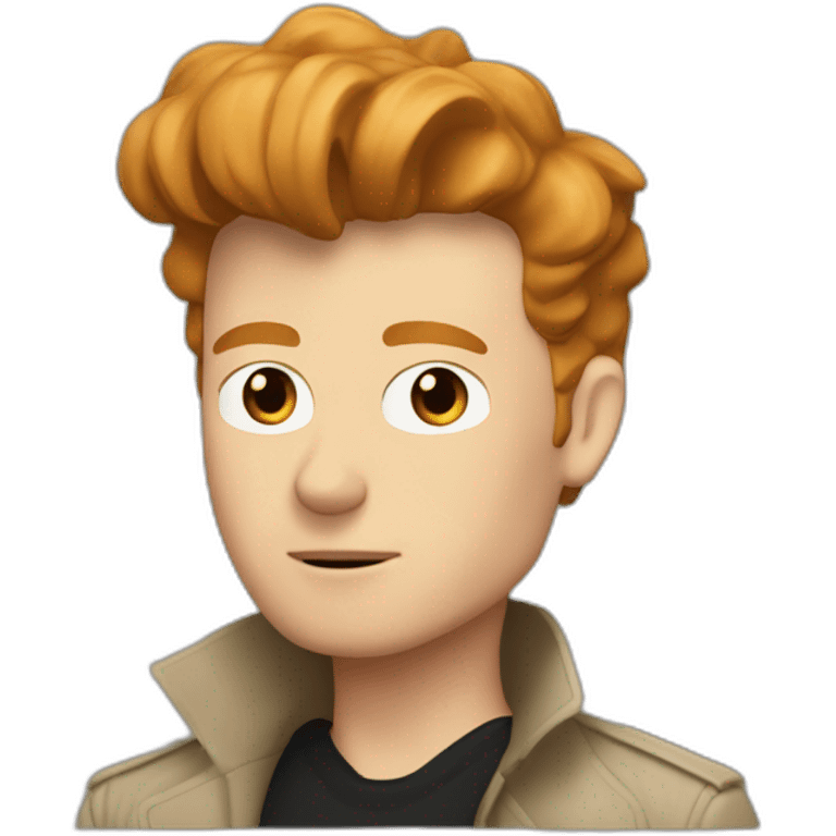 Rick Astley with ginger hair and a beige trenchcoat and a black t shirt underneath emoji