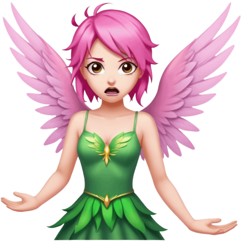 pink hair, pink wing fairy in green dress: anger emoji