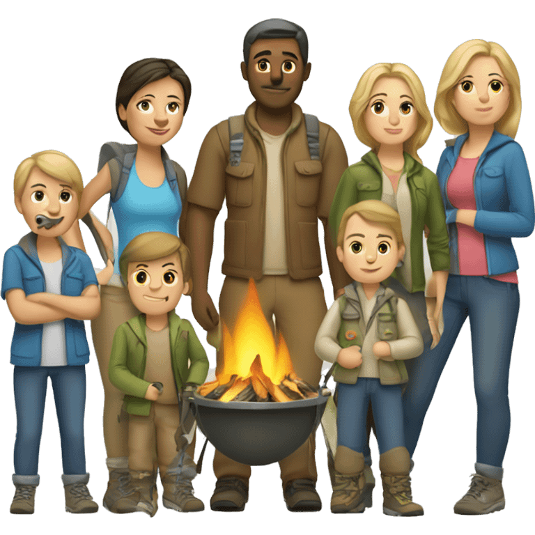 6 caucasian family members camping emoji