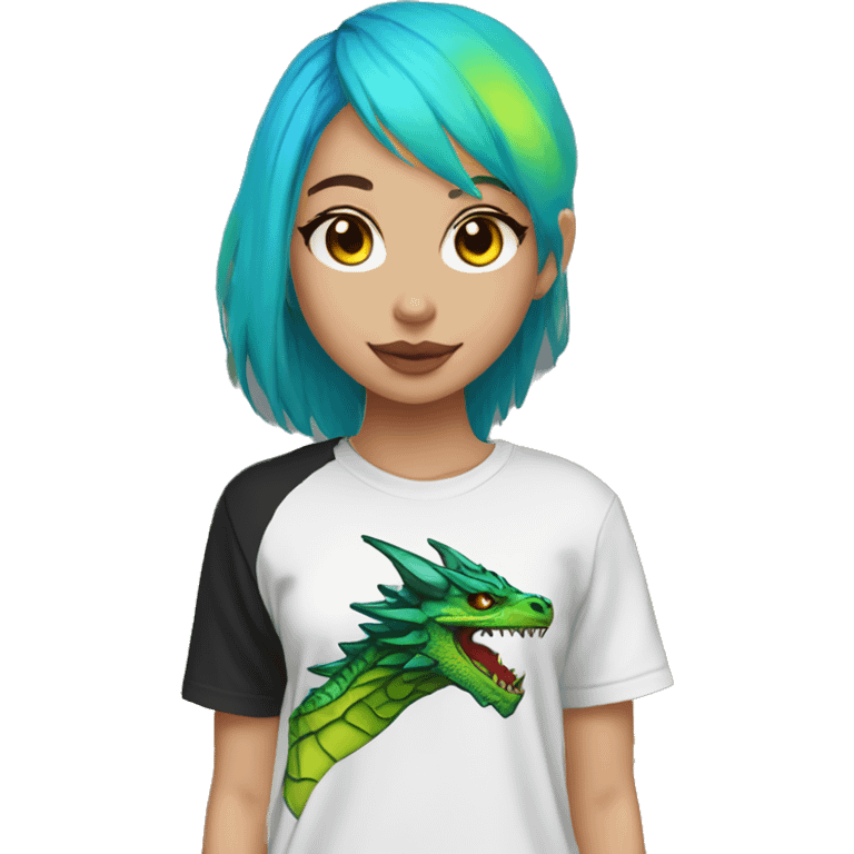 Lady with brunette and iridescent blue hair, gold, lime green dragon wings, black hoodie, bleach dyed, black and gold Nike t shirt, and bright red eyes emoji