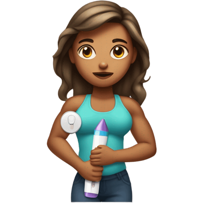 Girl holding a negative pregnancy test with muscles emoji