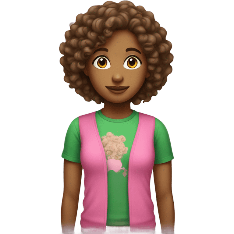 Brown girl with curly hair wearing pink and green t-shirt emoji